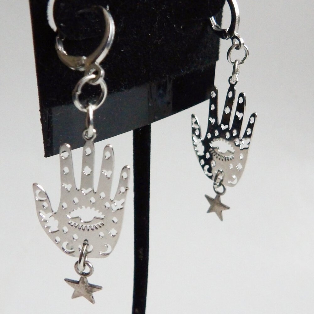 Hand of Fate Evil Eye Protection Dangle Earrings Silver Tone Hamsa Style NEW